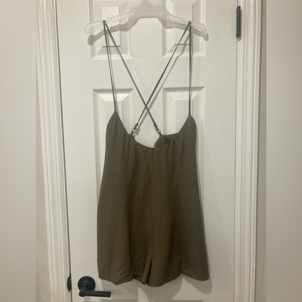 Tobi Olive Green Spaghetti Cross Strap Short Romper
